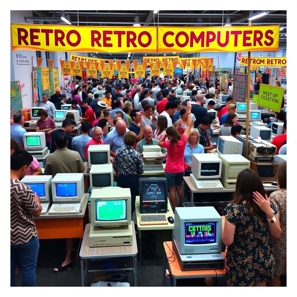 A lively pop-up event featuring a collection of vintage retro computers, showcasing models from the 1970s to the 1990s