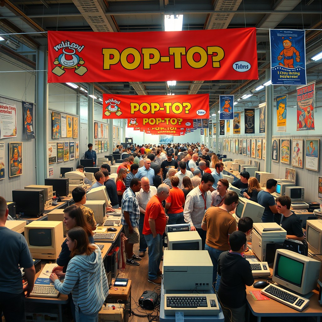 A bustling pop-up event showcasing a variety of retro computers from the 80s and 90s, including iconic models like the Commodore 64, Apple II, and IBM PC
