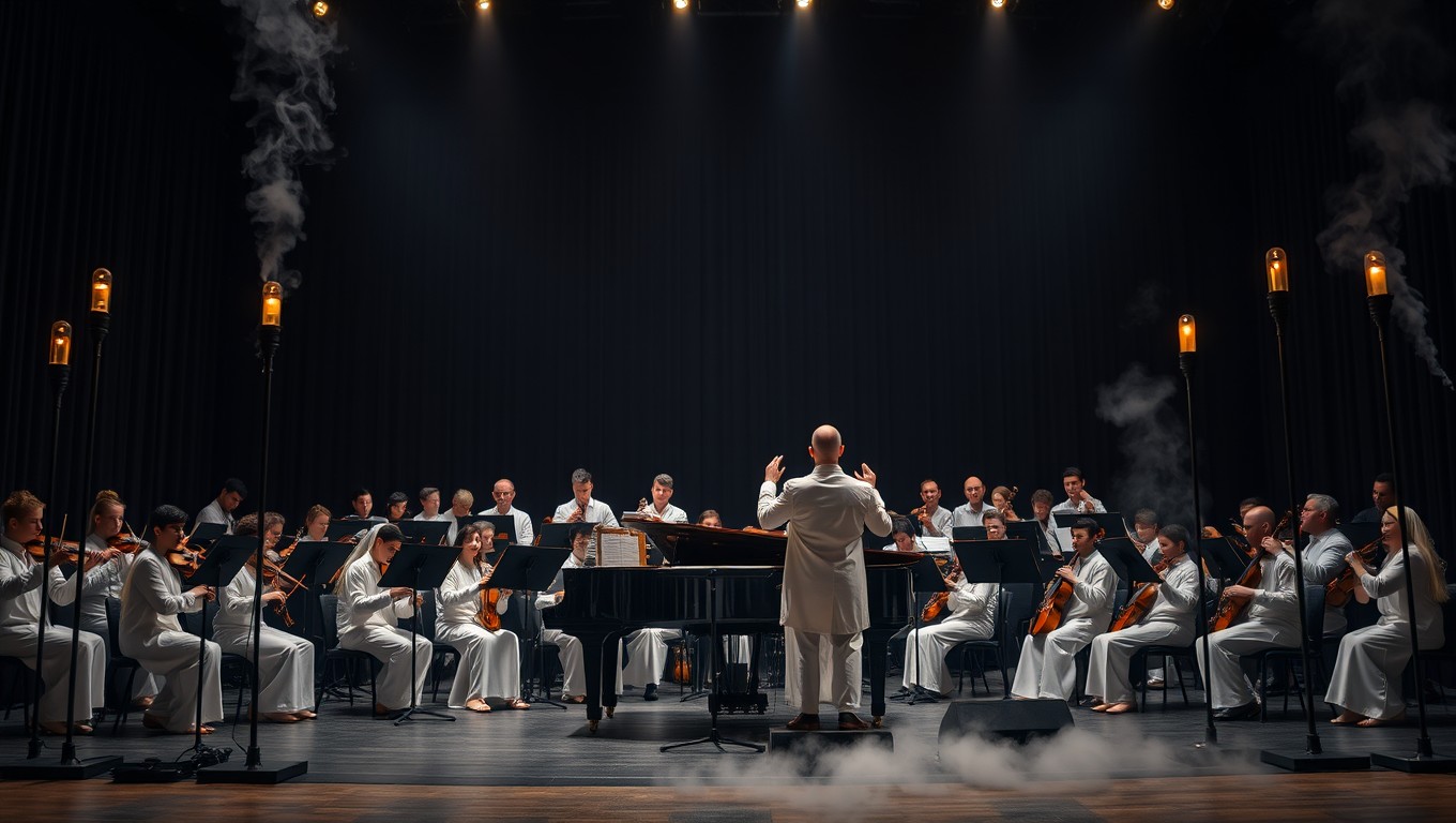 A stunning scene of a classical orchestra featuring musicians in elegant Arabian white outfits, performing in a black draped theatre