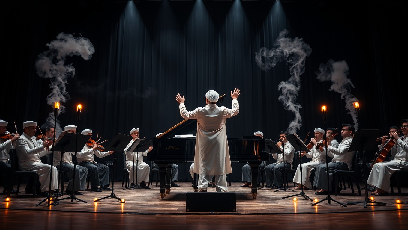 A breathtaking scene of a classical orchestra featuring male musicians dressed in elegant Kuwaiti white outfits, performing in a black draped theatre