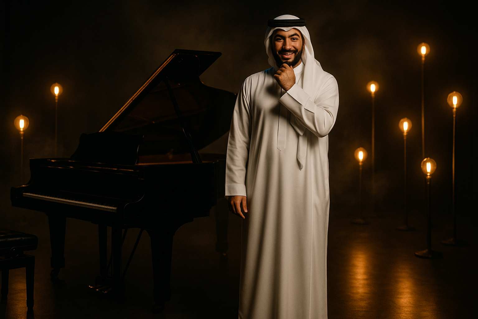 Orchestra men classical kuwaiti white outfit with a grand piano black in a black draped theatre with very dark dimmed ambiance light and some warm colored bulbs on steel tall and high black poles standing and dispersed on stage floor decorating the stage and around the orchestra very classy fancy dreamy with dreamy smoke in the air With a conductor kuwaiti white outfit ( i attached a reference of the kuwaiti official outfit)
