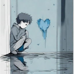 A depiction of a heartbroken boy, his reflection revealing a shattered heart within him. His surroundings are dominated by blues and greys, portraying a gloomy atmosphere.