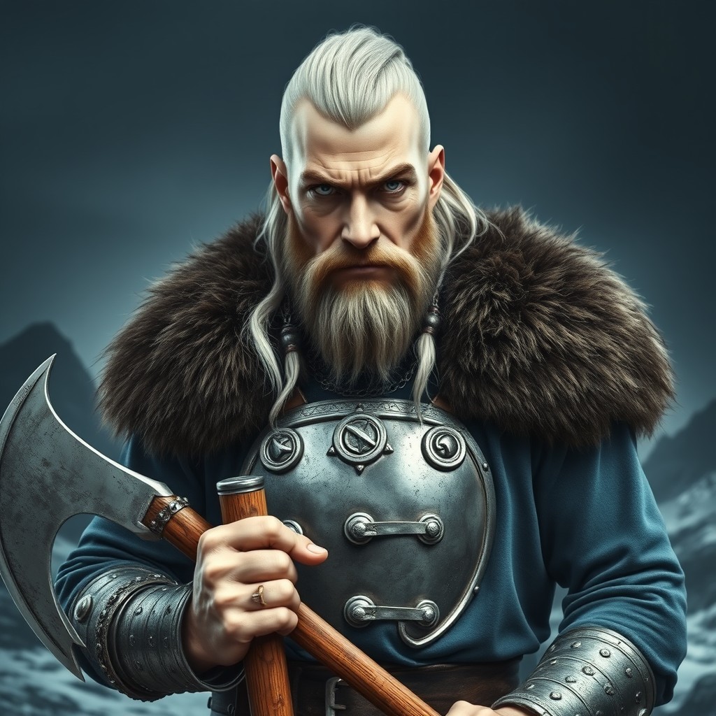 A fearless Viking warrior with a long face and striking blue eyes, exuding a firm expression