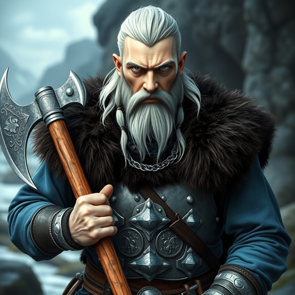 A fearless Viking warrior with a long face, striking blue eyes, and a firm expression
