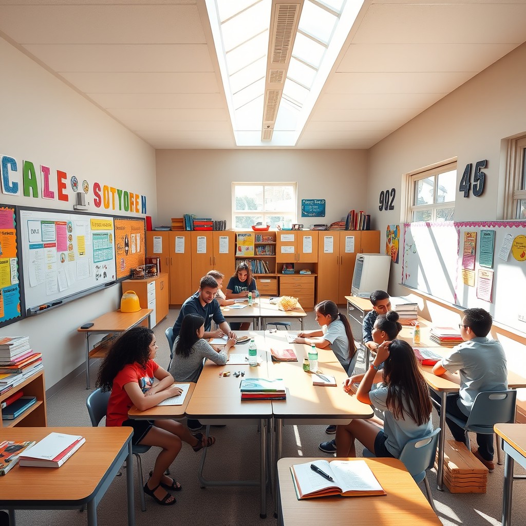 A bright and vibrant classroom setting designed for 9th grade students, featuring colorful bulletin boards with educational posters, desks arranged in a collaborative layout, and an interactive whiteboard