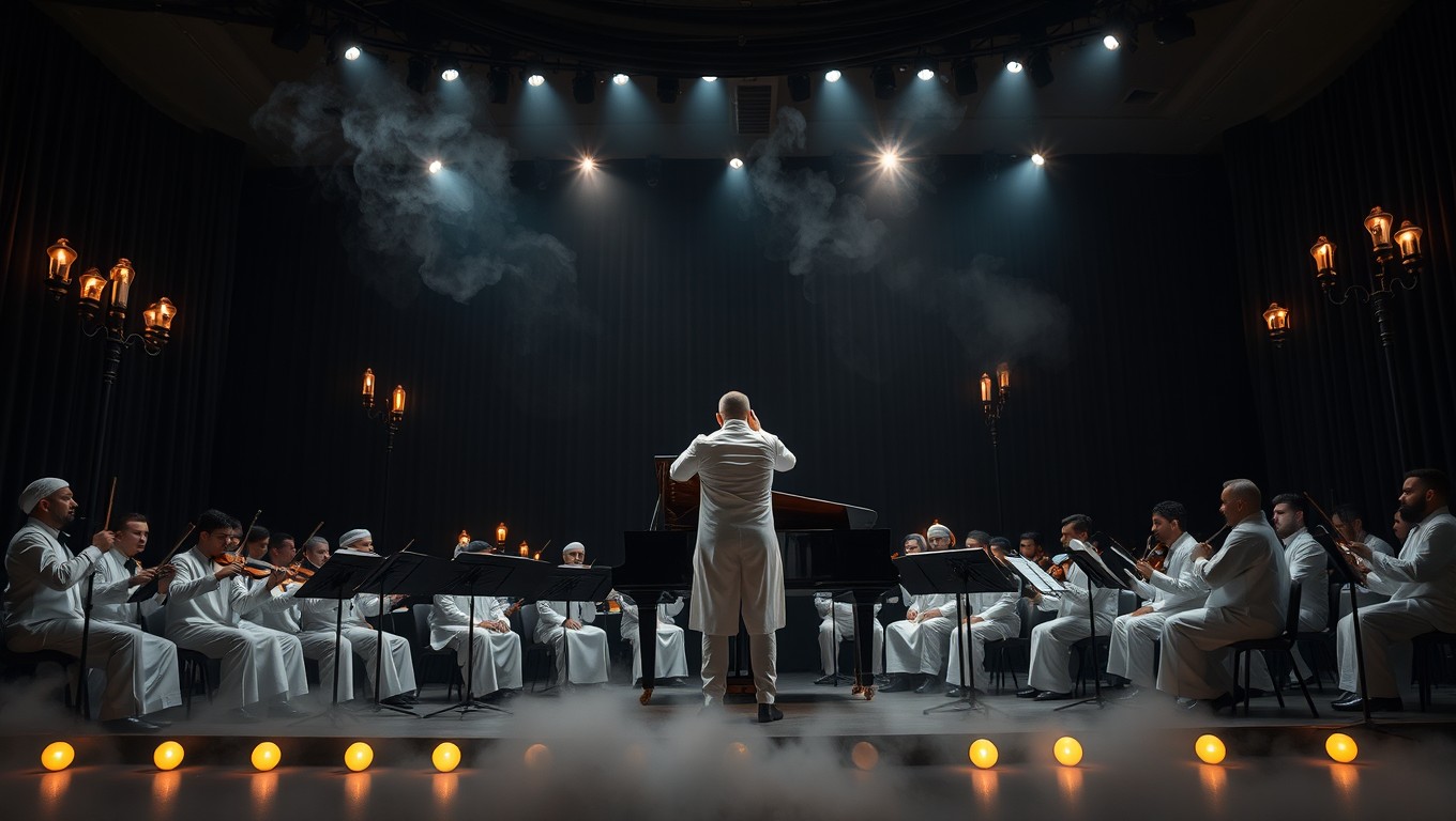 A captivating scene of a classical orchestra featuring male musicians in elegant national Kuwaiti white outfits, performing in a black draped theatre