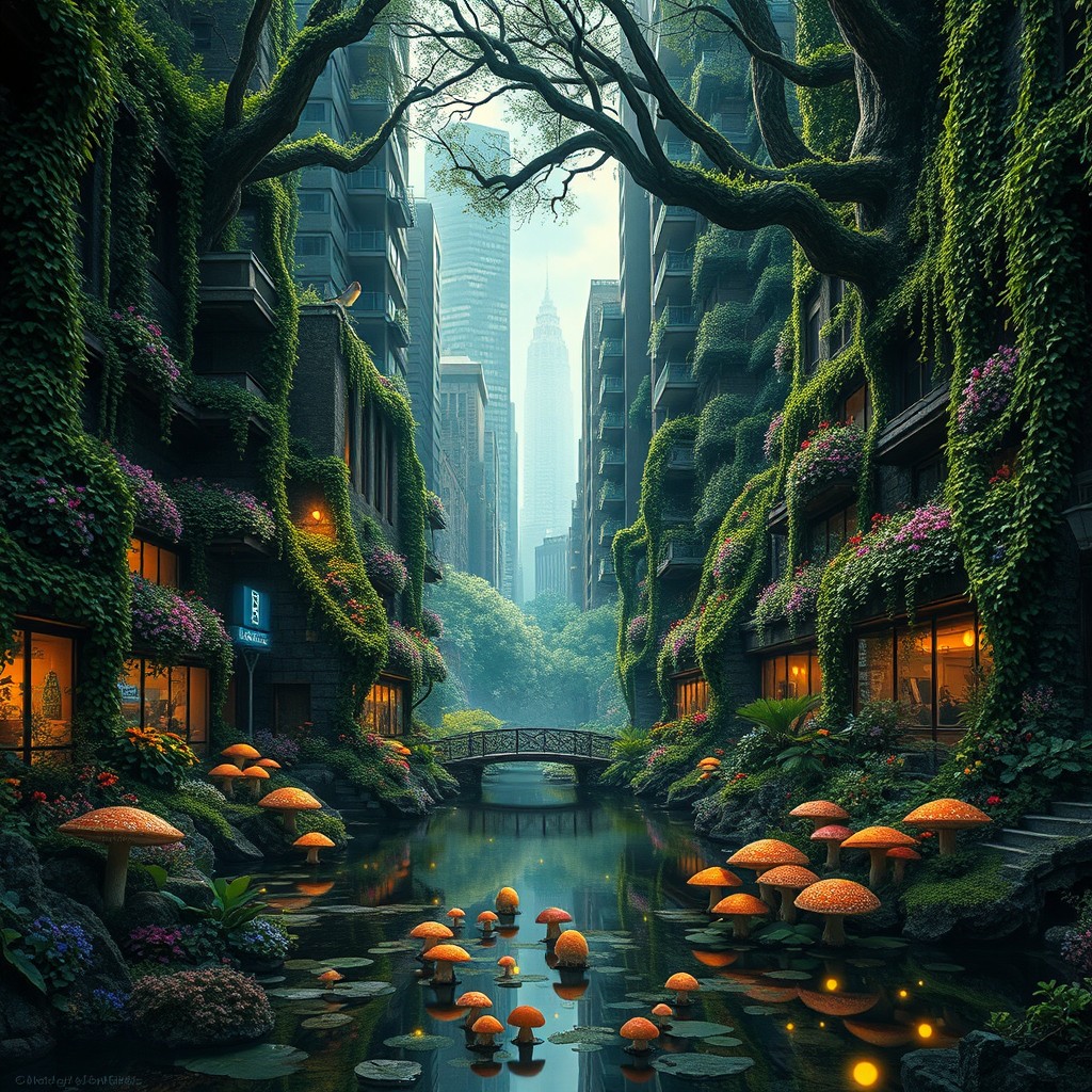 A city beautifully overgrown and reclaimed by a mystical forest, with lush green vines wrapping around modern skyscrapers, vibrant flowers blooming from crumbling sidewalks, and magical light filtering through the dense canopy