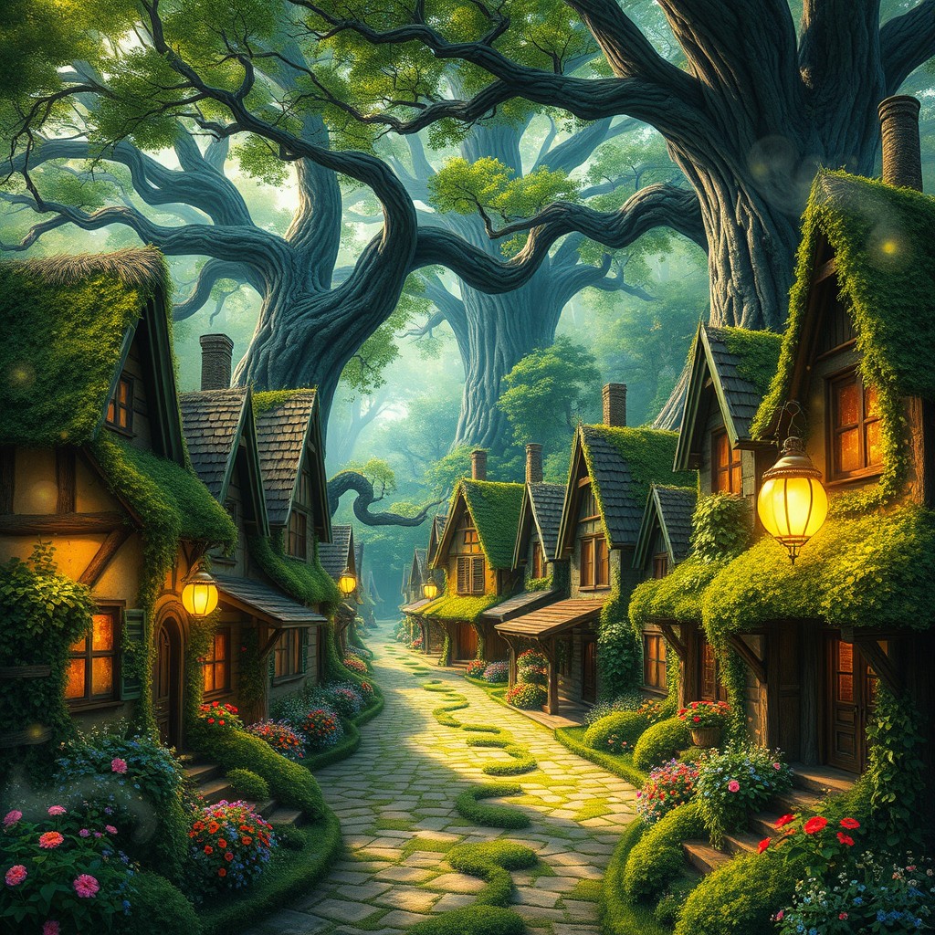 A quaint town beautifully reclaimed by a mystical forest, with enchanting trees and vibrant greenery surrounding the charming houses