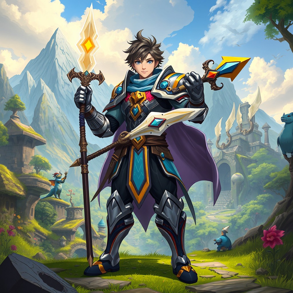A heroic male character standing confidently in a vibrant, fantasy game environment reminiscent of 'Soul Knight'
