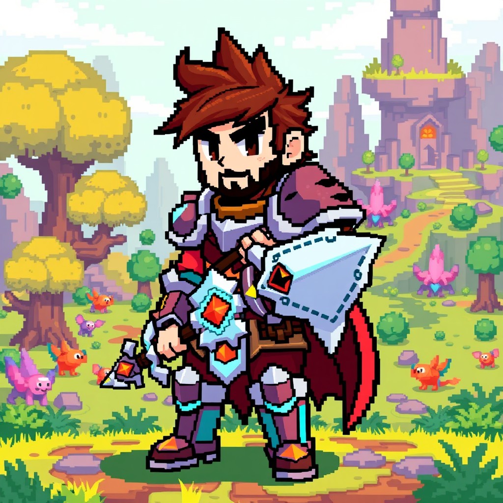 A pixelated male character in a fantasy game environment, inspired by 'Soul Knight', composed of large, chunky pixels