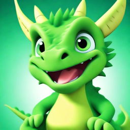 A vibrant animated depiction of a green dragon with furry skin. It sports a baby face with large, expressive eyes.