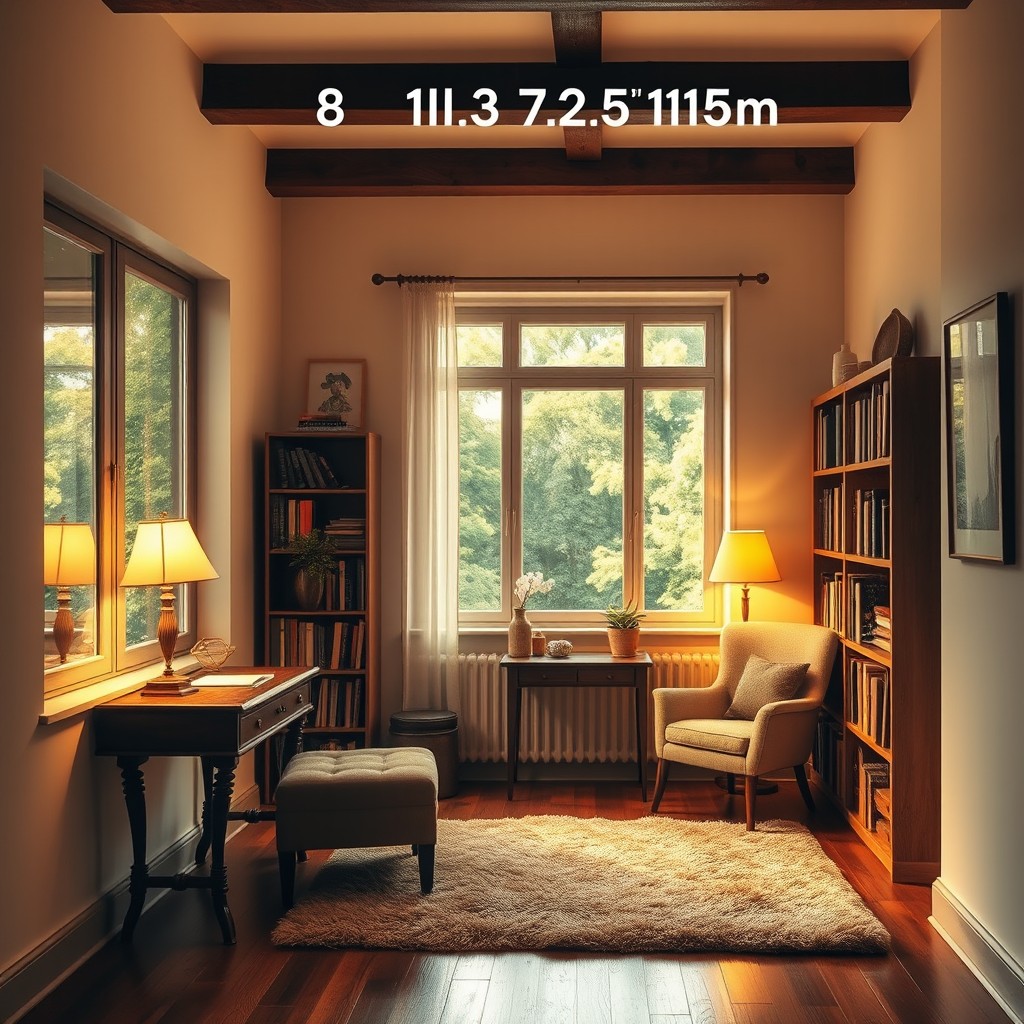 An interior view of a cozy room that measures 2
