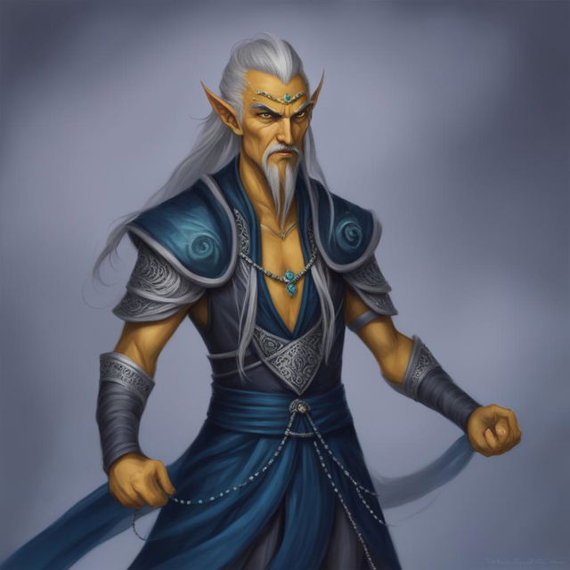 This high-quality digital art showcases a Githyanki Wizard with yellow skin, sharp facial features, and long gray hair that flows as if imbued with magic