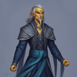 This high-quality digital art showcases a Githyanki Wizard with yellow skin, sharp facial features, and long gray hair that flows as if imbued with magic