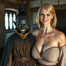 In a medieval bedroom, a sinister young woman, aged 30, with deep black skin and a malnourished appearance, stands beside a towering 65-year-old blonde woman