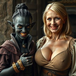 In a medieval bedroom, a sinister young woman, aged 30, with deep black skin and a malnourished appearance, stands beside a towering 65-year-old blonde woman