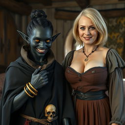 In a medieval bedroom, a dark and sinister young woman, aged 30, possesses deeply black, malnourished skin and a notably short stature