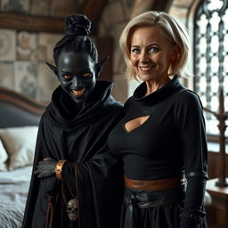 In a medieval bedroom, a dark and sinister young woman, aged 30, possesses deeply black, malnourished skin and a notably short stature