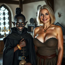 In a medieval bedroom, a dark and sinister young woman, aged 30, possesses deeply black, malnourished skin and a notably short stature