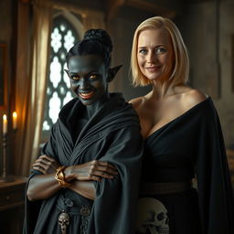 In a medieval bedroom, a dark and sinister young woman, aged 30, possesses deeply black, malnourished skin and a notably short stature