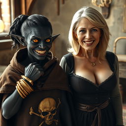 In a medieval bedroom, a sinister young woman, aged 20, with deep black, malnourished skin and a notably short stature, stands alongside a towering 75-year-old blonde woman