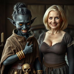 In a medieval bedroom, a sinister young woman, aged 20, with deep black, malnourished skin and a notably short stature, stands alongside a towering 75-year-old blonde woman