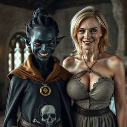 In a medieval bedroom, a sinister young woman, aged 20, with deep black, malnourished skin and a notably short stature, stands alongside a towering 75-year-old blonde woman