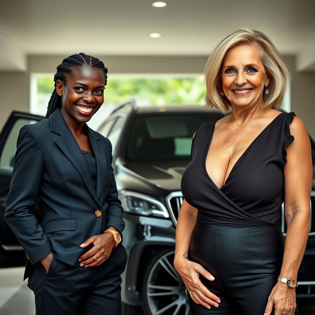 Next to a luxury SUV in an open garage, a 19-year-old African woman with very dark black skin exudes a sinister aura