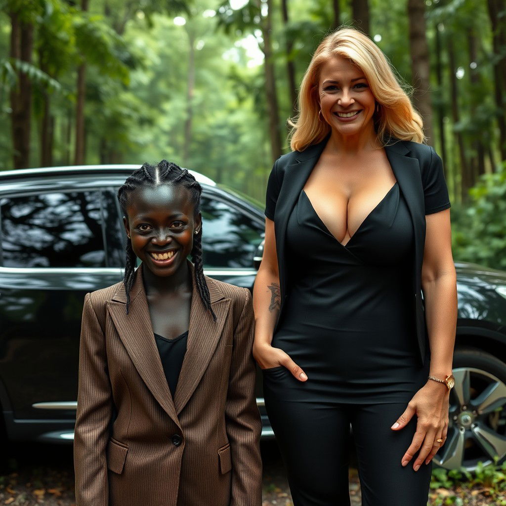 Beside a luxury SUV in a dense forest, a 19-year-old African woman with very dark black skin presents a wicked demeanor