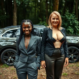 Beside a luxury SUV in a dense forest, a 19-year-old African woman with very dark black skin presents a wicked demeanor