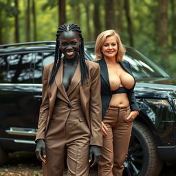Beside a luxury SUV in a dense forest, a 19-year-old African woman with very dark black skin presents a wicked demeanor