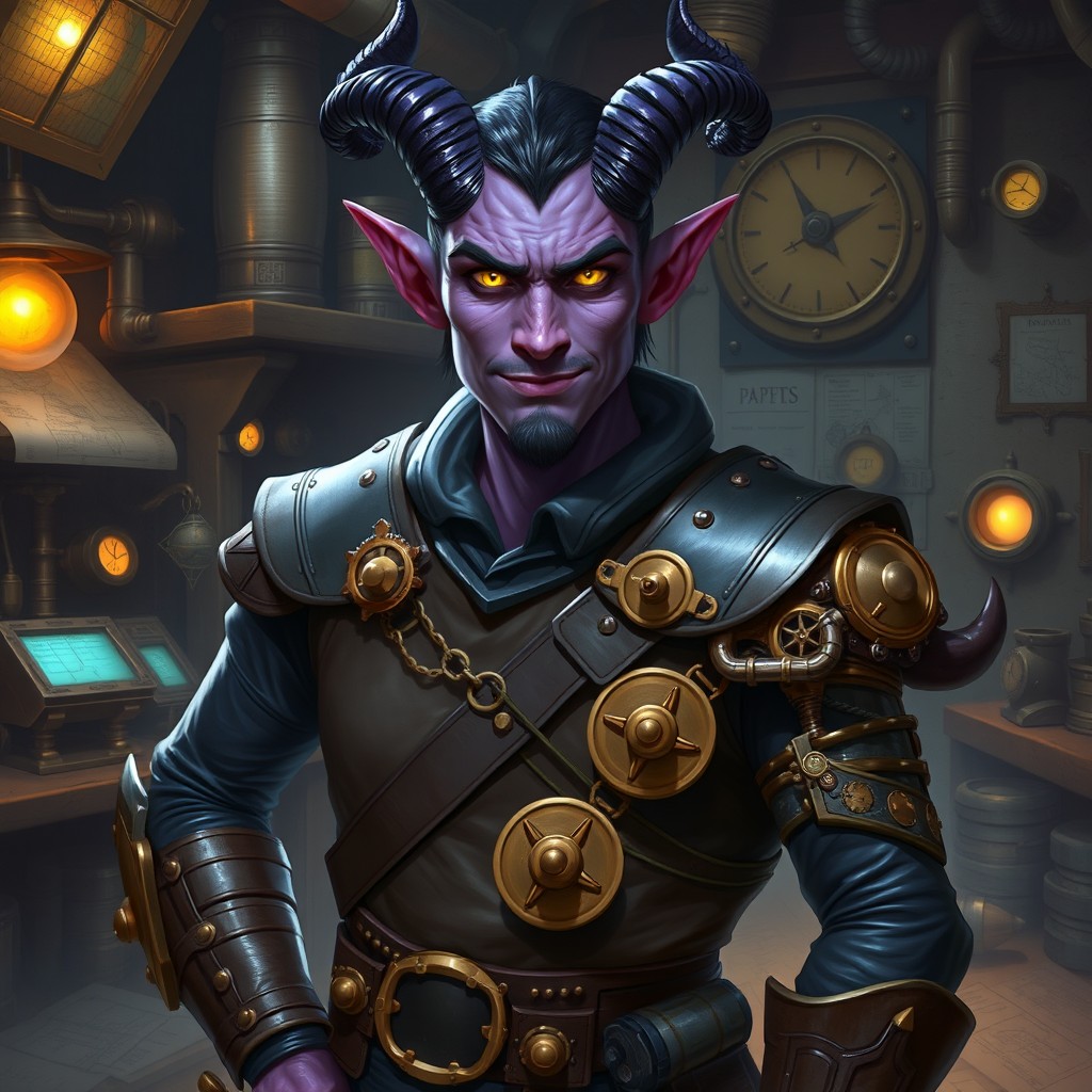 A male tiefling artificer with striking purple skin and intelligent yellow eyes