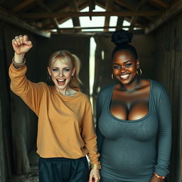 In an abandoned poor shack, a malnourished 19-year-old evil-looking blonde woman with blue eyes is celebrating with her fists raised, her eyes wide and manic as she screams and smiles