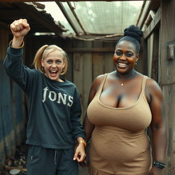 In an abandoned poor shack, a malnourished 19-year-old evil-looking blonde woman with blue eyes is celebrating with her fists raised, her eyes wide and manic as she screams and smiles