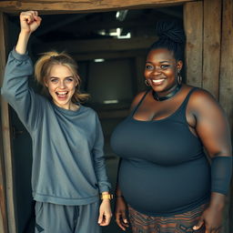 In an abandoned poor shack, a malnourished 19-year-old evil-looking blonde woman with blue eyes is celebrating with her fists raised, her eyes wide and manic as she screams and smiles