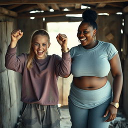 In an abandoned poor shack, a malnourished 19-year-old evil-looking blonde woman with blue eyes is celebrating with her fists raised, her eyes wide and manic as she screams and smiles