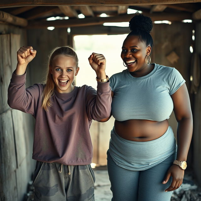 In an abandoned poor shack, a malnourished 19-year-old evil-looking blonde woman with blue eyes is celebrating with her fists raised, her eyes wide and manic as she screams and smiles