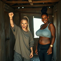 In an abandoned poor shack, a 19-year-old malnourished and evil-looking blonde woman with blue eyes is celebrating with her fists raised, her eyes wide and manic as she screams and smiles