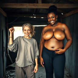 In an abandoned poor shack, a 19-year-old malnourished and evil-looking blonde woman with blue eyes is celebrating with her fists raised, her eyes wide and manic as she screams and smiles