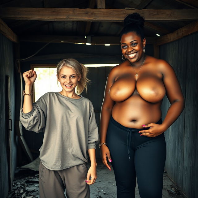 In an abandoned poor shack, a 19-year-old malnourished and evil-looking blonde woman with blue eyes is celebrating with her fists raised, her eyes wide and manic as she screams and smiles