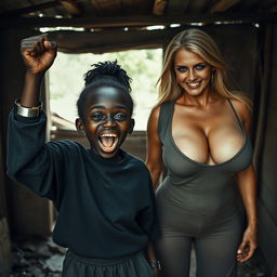 In a run-down, abandoned shack, a very small and unsettling 22-year-old African woman with deeply black skin exuberantly celebrates, her fists raised in triumph