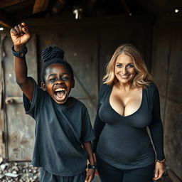 In a run-down, abandoned shack, a very small and unsettling 22-year-old African woman with deeply black skin exuberantly celebrates, her fists raised in triumph