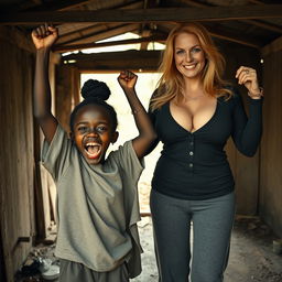 In a run-down, abandoned shack, a very small and unsettling 22-year-old African woman with deeply black skin exuberantly celebrates, her fists raised in triumph