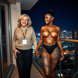 On the balcony of a high-rise suite at night, a delightful scene features two women
