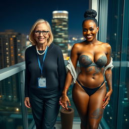 On the balcony of a high-rise suite at night, a delightful scene features two women