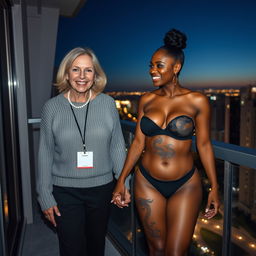 On the balcony of a high-rise suite at night, a delightful scene features two women