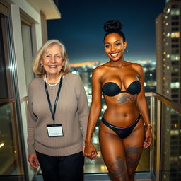 On the balcony of a high-rise suite at night, a delightful scene features two women