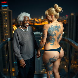 On the balcony of a high-rise suite at night, a vibrant scene unfolds with two women