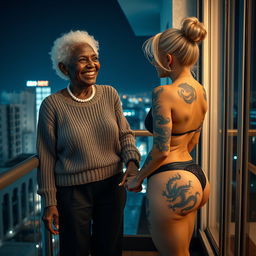 On the balcony of a high-rise suite at night, a vibrant scene unfolds with two women