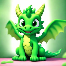 A vibrant animated depiction of a green dragon with furry skin. It sports a baby face with large, expressive eyes.